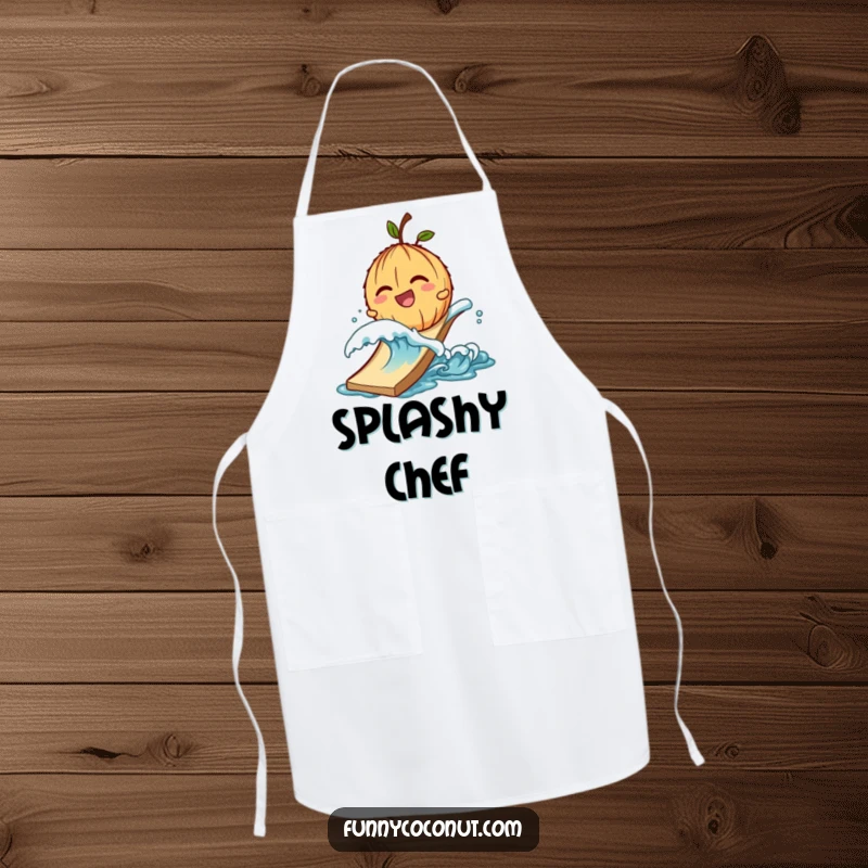 Funny apron with a giggling coconut character being pushed down a slide by a small wave.