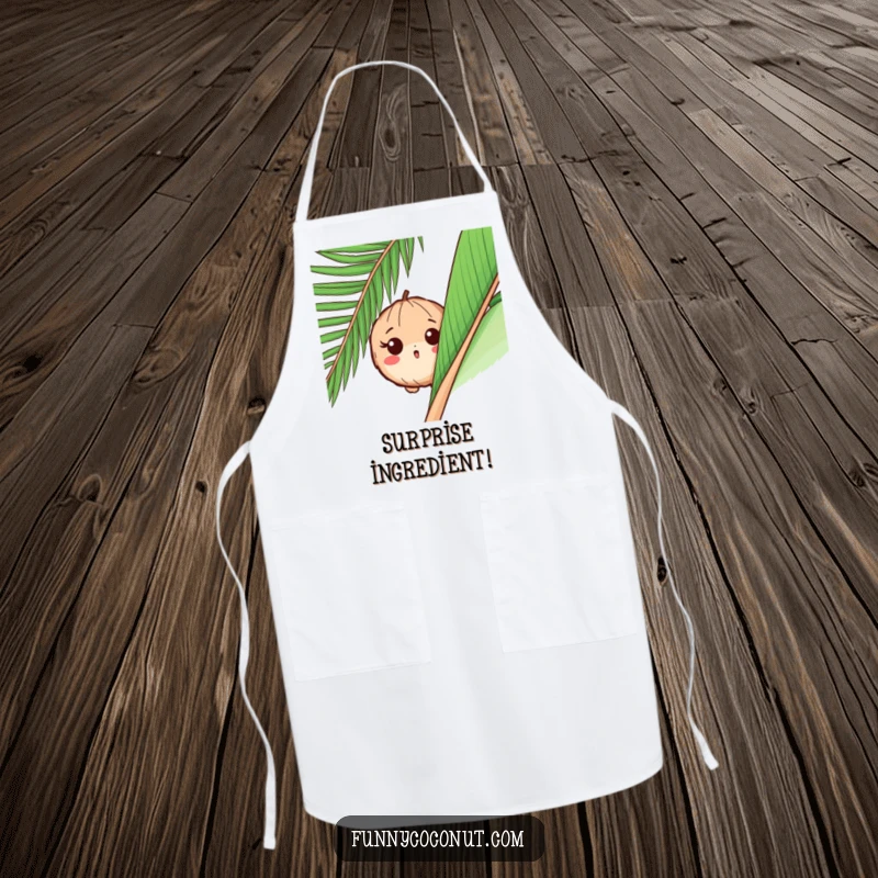Funny apron depicting a surprised coconut peeking from behind a large palm leaf, adding a playful and humorous element to cooking.