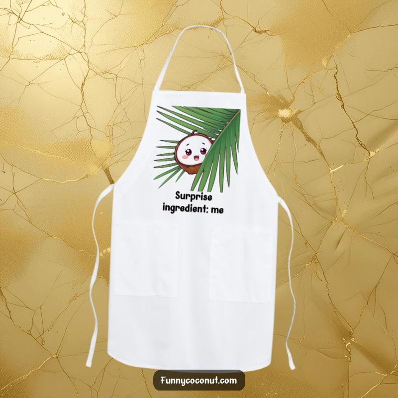 Funny Coconut Peek-a-Boo Apron, a coconut peeking from behind palm leaves with a surprised expression, perfect for a fun kitchen.