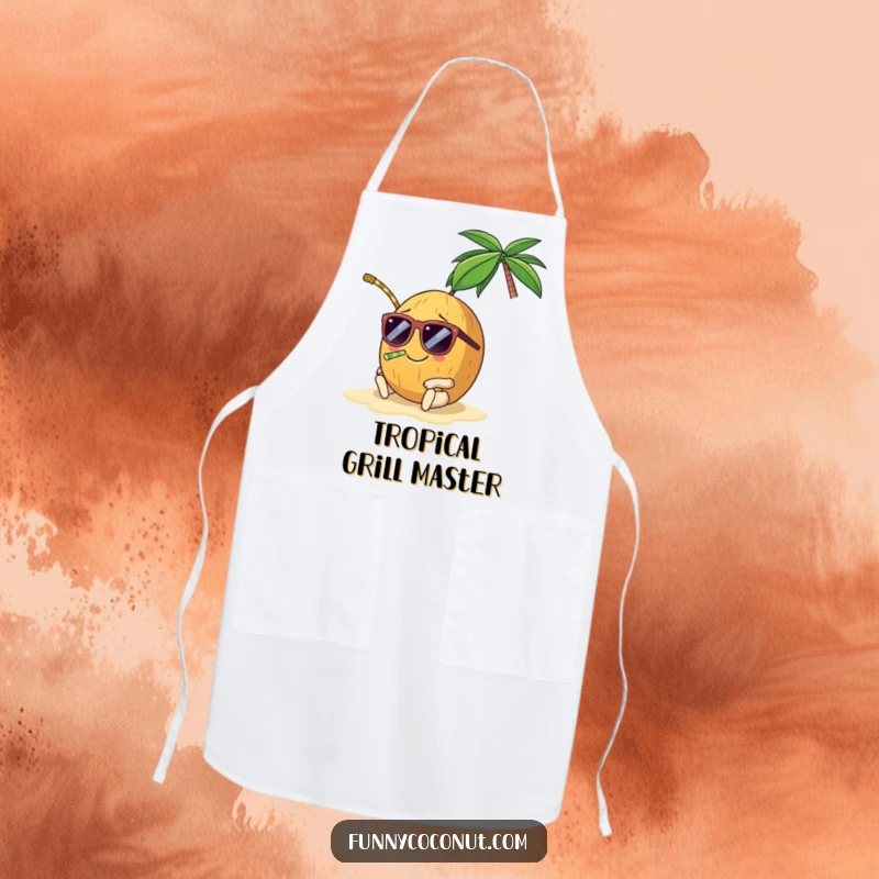 Funny coconut apron, a smiling coconut wearing sunglasses and a straw, lounging on a beach, bringing tropical vibes to the kitchen.