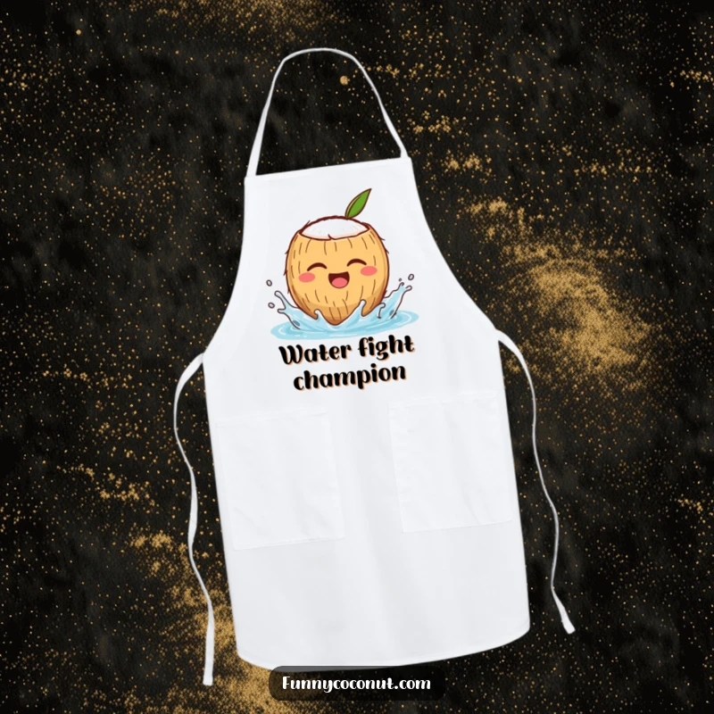 Funny apron with a winking coconut character splashing water, perfect for kitchen fun and as a humorous cooking gift.