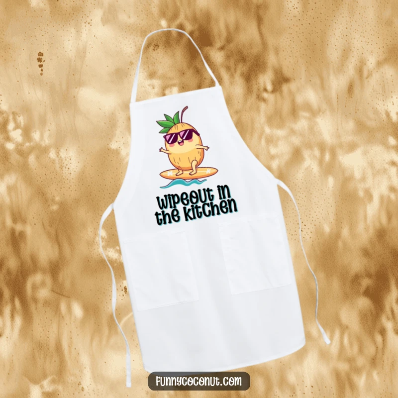 Funny apron displaying a cool coconut wearing sunglasses, riding a surfboard, ready to bring beachy vibes to the kitchen.