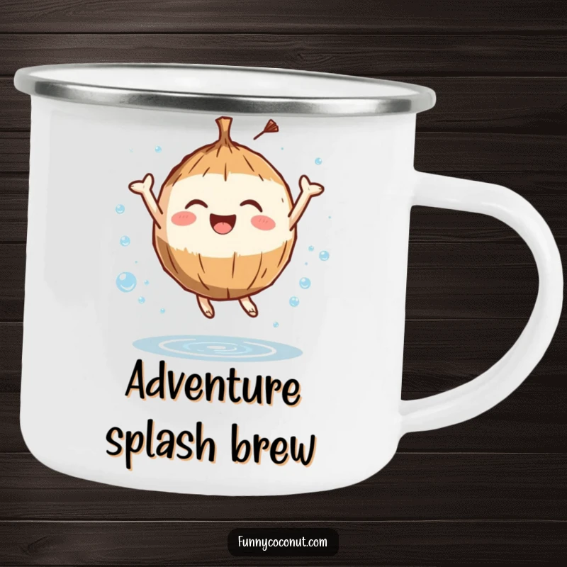 Funny camping mug with a joyful coconut character leaping surrounded by water droplets, perfect for enjoying drinks outdoors with a refreshing theme.