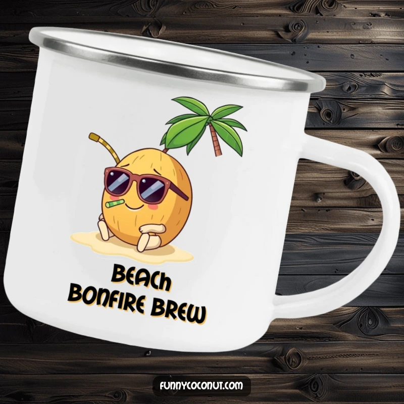 Funny coconut camping mug, a smiling coconut wearing sunglasses and a straw, lounging on a beach, ideal for outdoor fun.