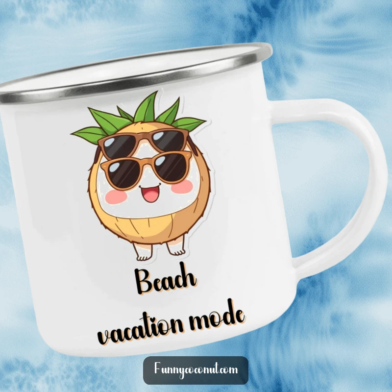 Funny coconut half camping mug with sunglasses, exuding cheerful tropical vibes, durable and perfect for outdoor use.