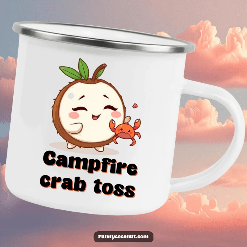 Funny Kawaii Coconut Camping Mug: a mischievous character winking and tossing a tiny crab, perfect for outdoor fun.
