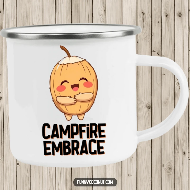 Funny camping mug featuring a cheerful coconut character offering a hug, bringing tropical vibes to outdoor adventures.