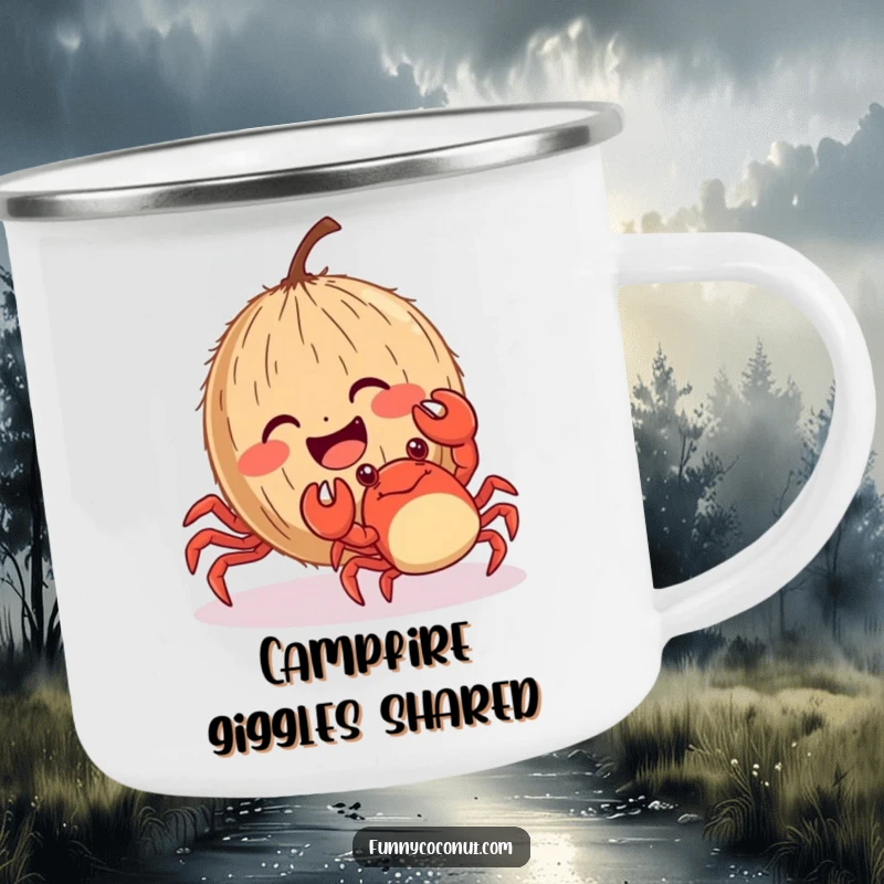 Funny giggling coconut with rosy cheeks being tickled by a crab, a durable and humorous camping mug.