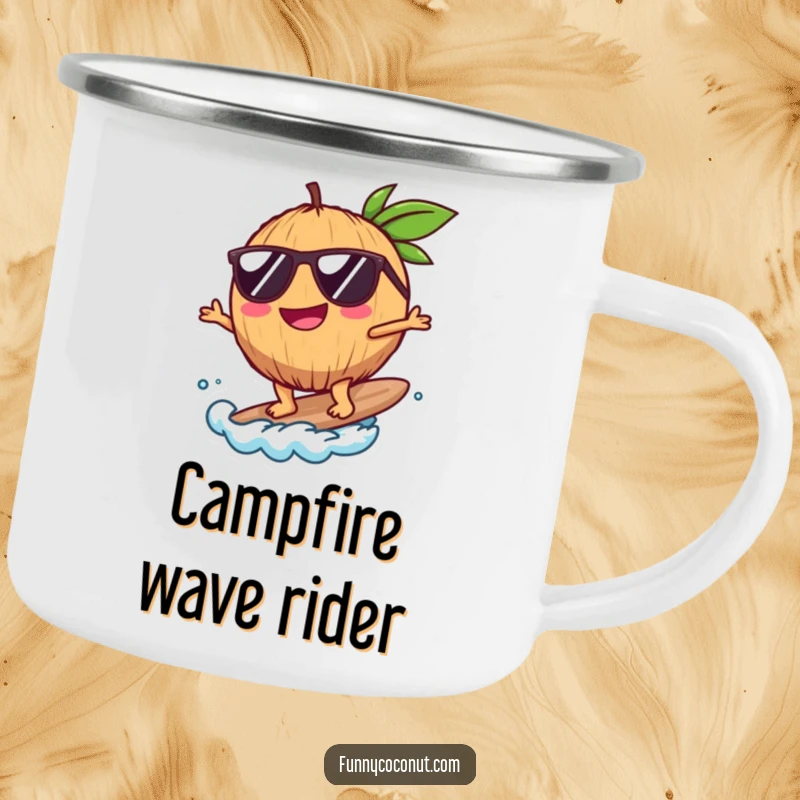 Funny Coconut Camping Mug, durable and fun, showing a coconut with sunglasses surfing, ideal for outdoor use, a great funny gift.