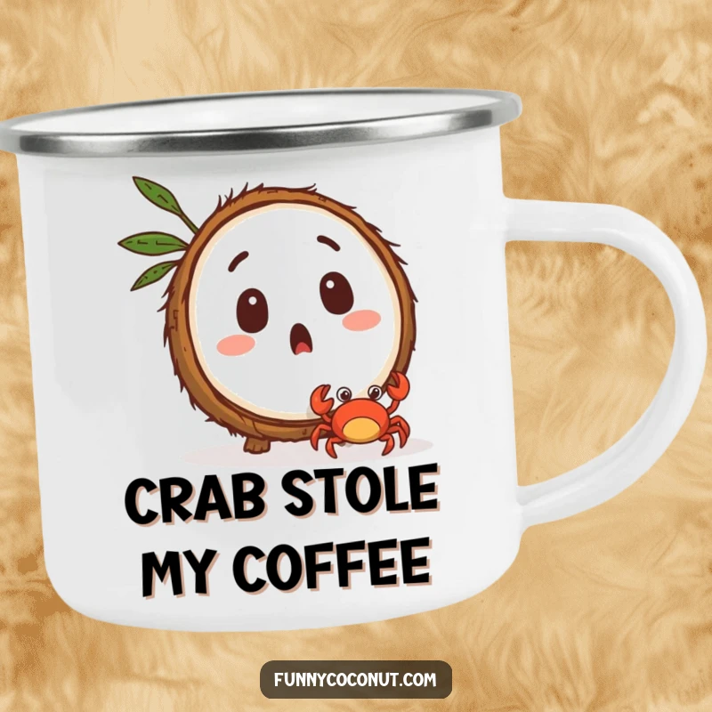 Funny surprised coconut character watching a tiny crab scuttle away, a durable mug for outdoor enjoyment.