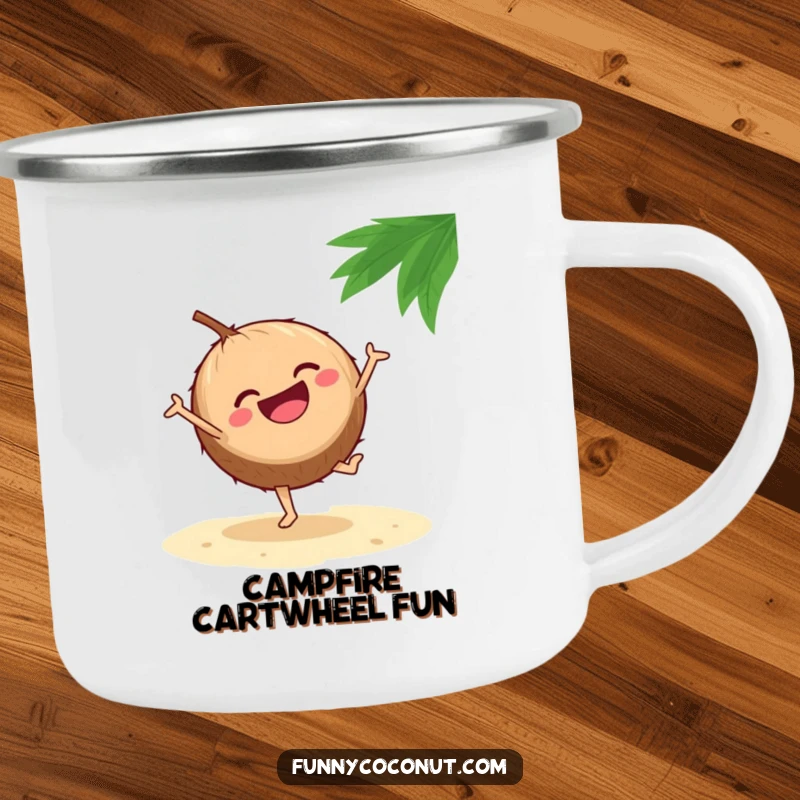 Funny camping mug showcasing a laughing coconut energetically doing a cartwheel on a sandy beach, perfect for outdoor drinks.