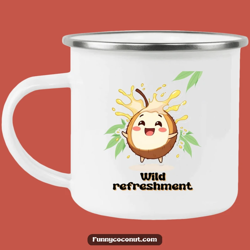 Funny Coconut Burst Camping Mug: Enjoy Outdoors with a Tropical Character's Refreshing Juice Splash