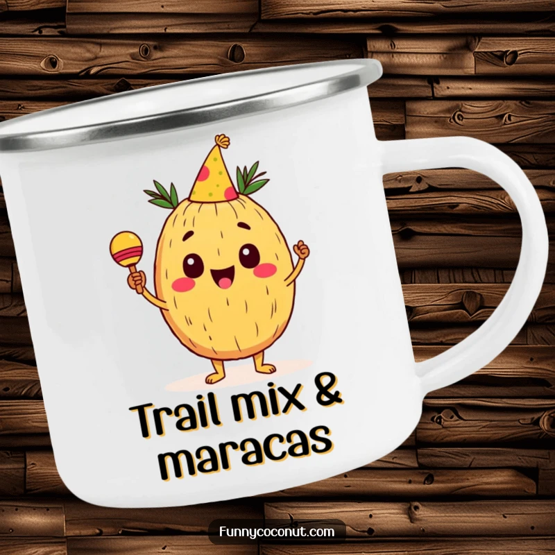 Funny Coconut Camping Mug: A cheerful coconut character wearing a party hat shakes maracas, ready for outdoor adventures, bringing festive vibes to camping.
