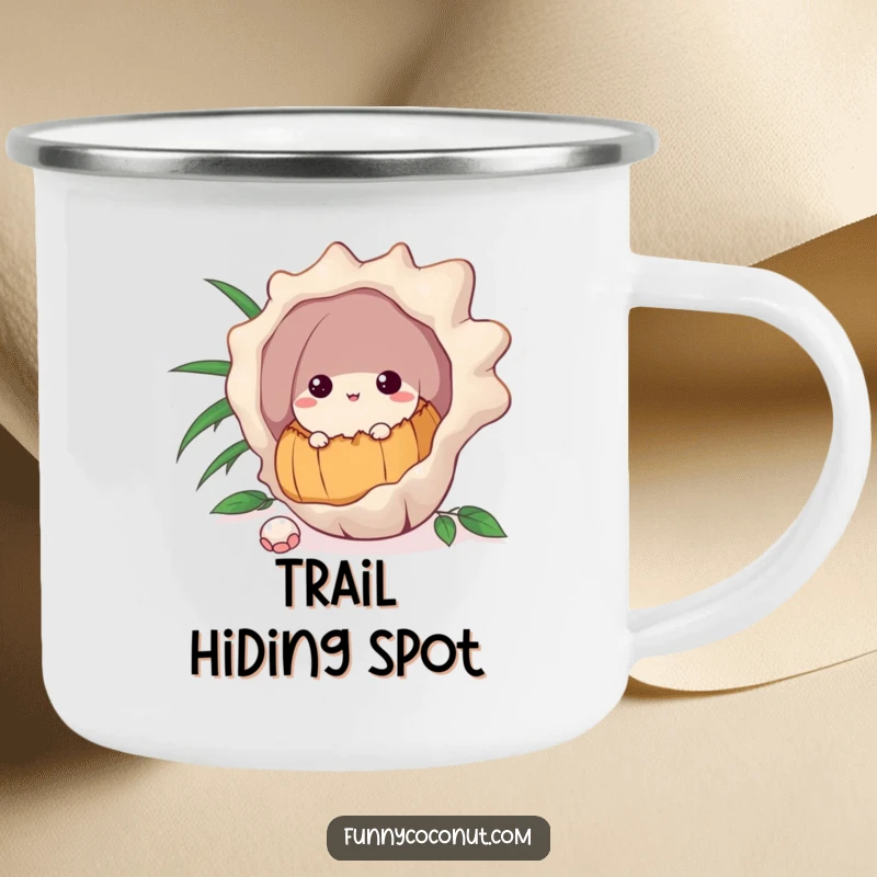 Funny camping mug showing a curious coconut peeking from behind a large seashell, ideal for observant outdoor trips.