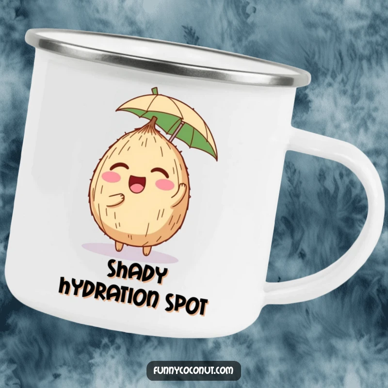 Funny camping mug displaying a delighted coconut character trying to suppress giggles while balancing a tiny umbrella, perfect for outdoor humor.