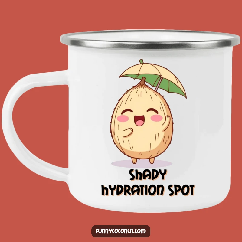 Funny Coconut Camping Mug: Giggling Character with Umbrella, Outdoor Humor Gift