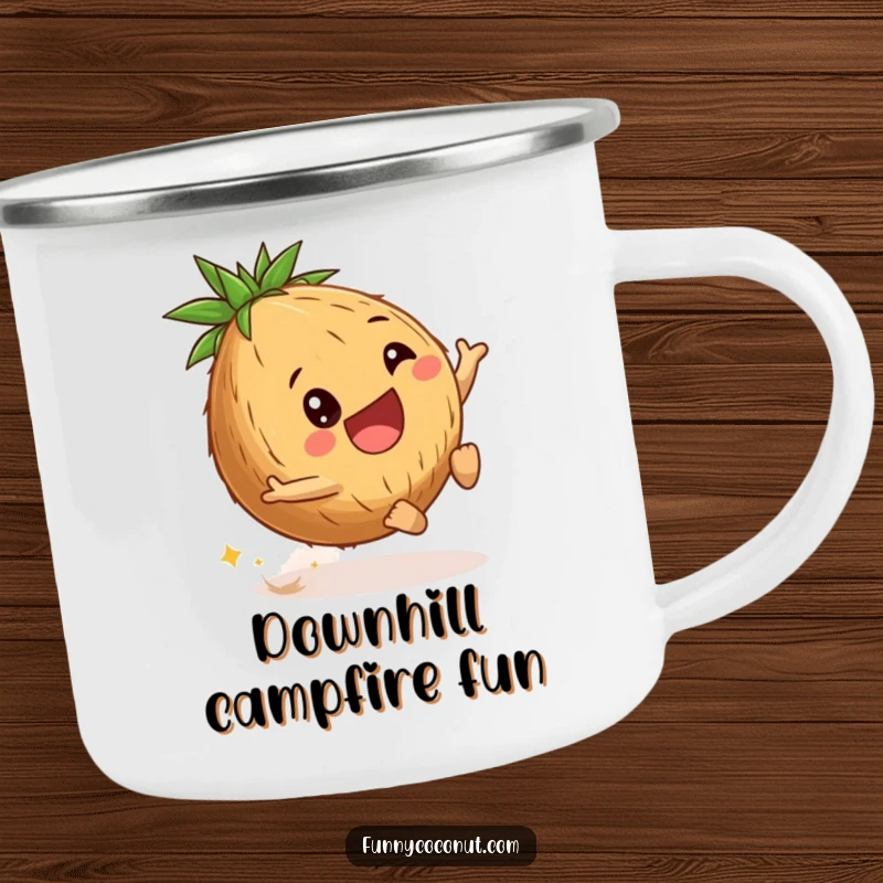 Funny coconut camping mug showing a delighted young coconut rolling downhill, designed for outdoor use with a touch of playful adventure.