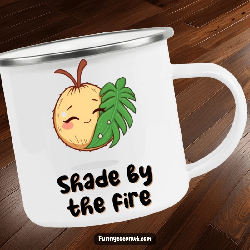 Funny enamel camping mug featuring a winking coconut holding a comically large palm leaf, perfect for outdoors.