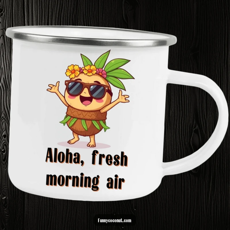 Funny camping mug with a joyful coconut wearing sunglasses, performing a hula dance, perfect for outdoor tropical vibes.
