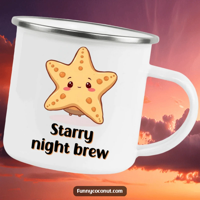Funny camping mug featuring a coconut character peeking from behind a starfish, perfect for enjoying drinks with an ocean theme.