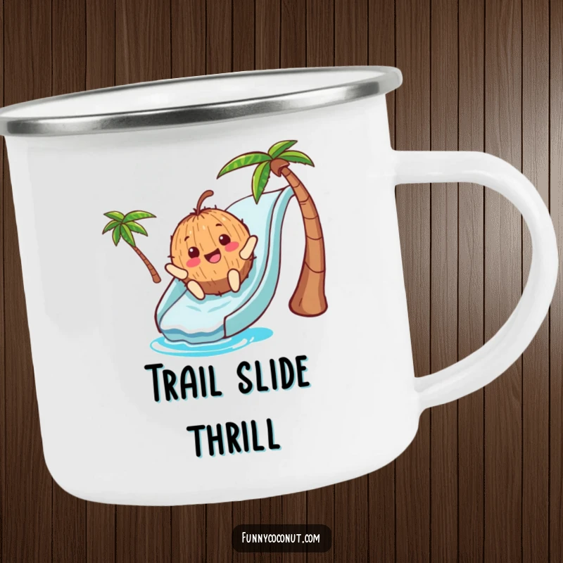 Funny Camping Mug: A sturdy mug showing a joyful coconut character mid-slide down a blue waterslide, perfect for enjoying drinks outdoors humorously.