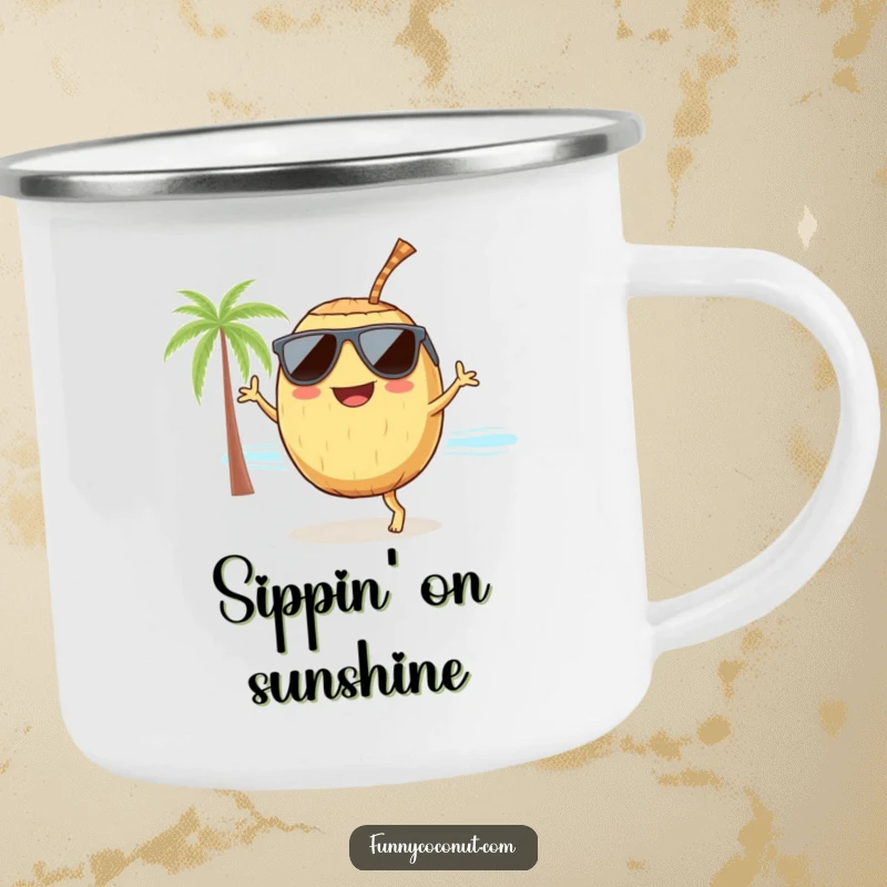 Funny coconut with sunglasses and a straw, dancing on a beach, a durable and humorous camping mug for outdoor enthusiasts.