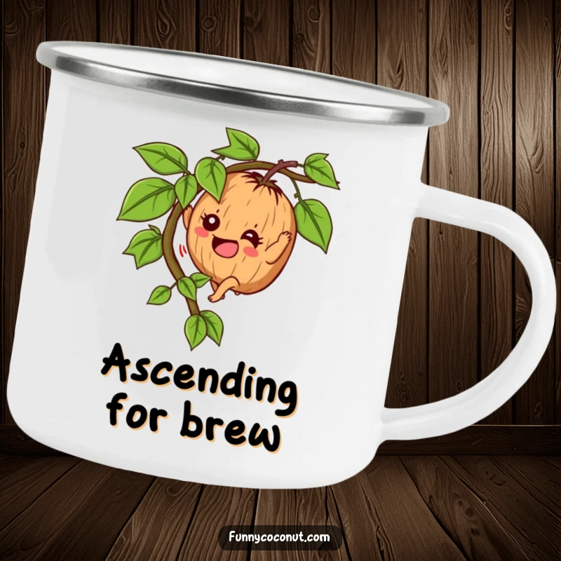 Funny Determined Coconut Camping Mug: A coconut character climbs a vine with enthusiasm, perfect for outdoor inspiration.