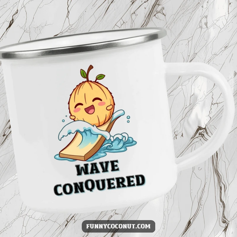 Funny camping mug with a giggling coconut character being pushed down a slide by a small wave.
