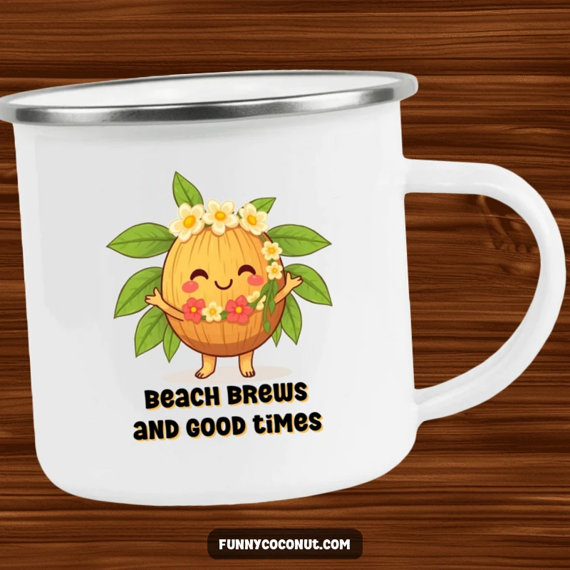 Funny Hula Coconut Camping Mug, a cheerful character in a lei, dancing the hula, ideal for outdoor drinks with a tropical twist.