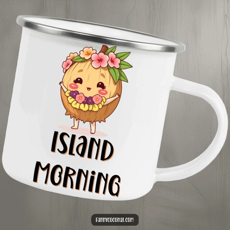 Funny camping mug illustration of a coconut in a lei doing the hula, perfect for tropical-themed outdoor fun.