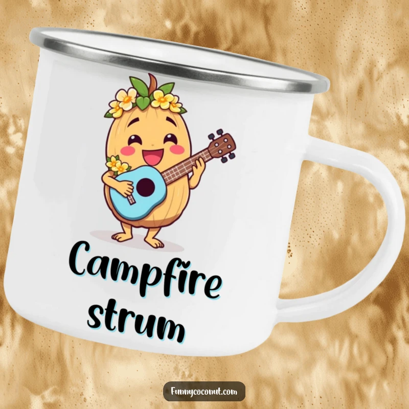 Funny camping mug with a jovial coconut character wearing a lei and playing a ukulele.