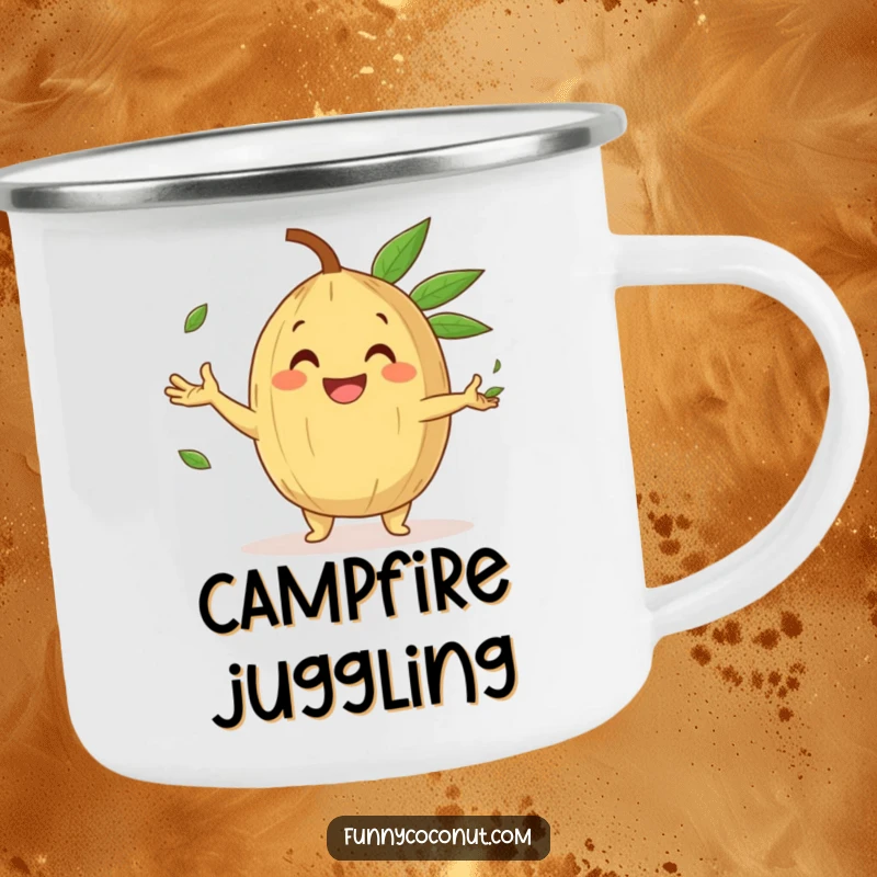 Funny Camping Mug showcasing a happy coconut character with a gleeful grin, juggling tiny palm leaves, ready for adventures.