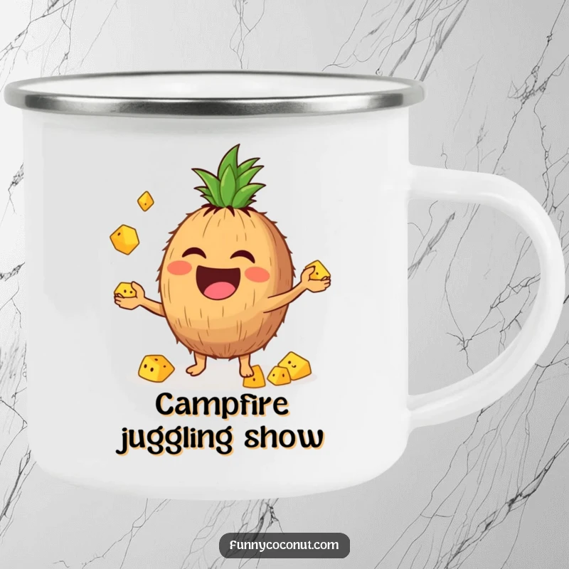 Funny camping mug with a laughing coconut character enthusiastically juggling tiny pineapple chunks, perfect for outdoor fun.