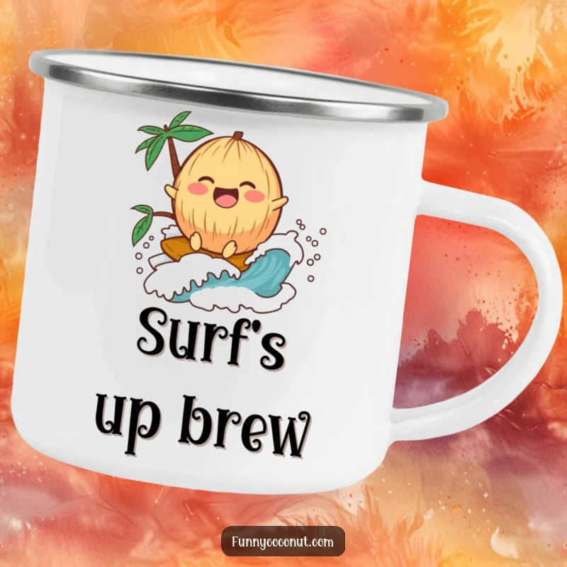 Funny kawaii coconut laughing while riding a wave, on a durable camping mug for outdoor enjoyment.