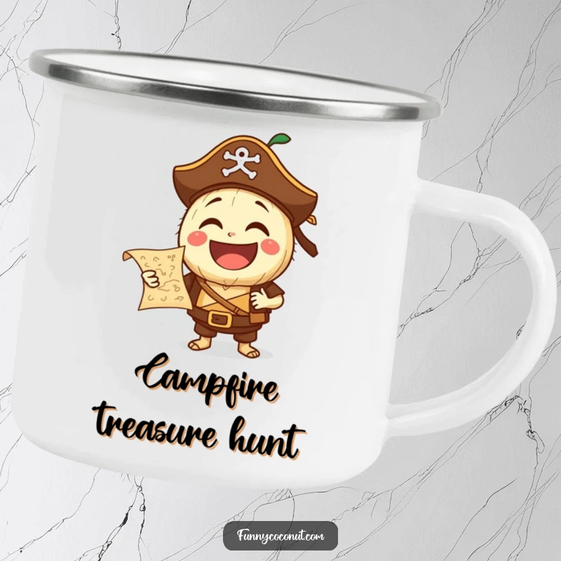 Funny Pirate Coconut Camping Mug: A laughing coconut character dressed as a pirate holds a treasure map, perfect for campfire drinks and adventure.