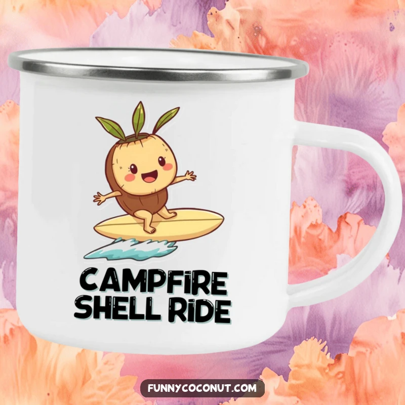 Funny camping mug with a happy coconut character riding a seashell surfboard, perfect for outdoor adventures.