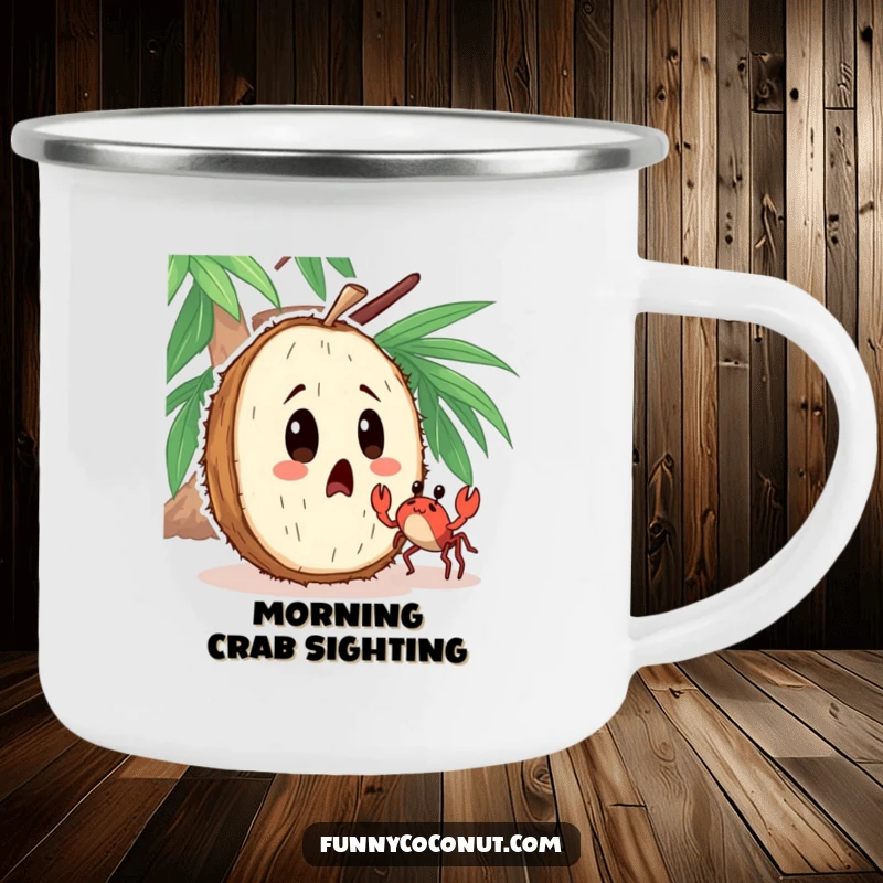 Funny camping mug with a surprised coconut character observing a tiny crab dancing nearby, perfect for outdoor fun.