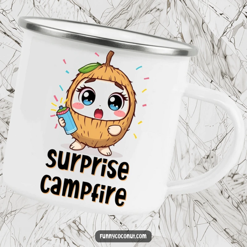 Funny kawaii coconut with wide eyes holding a confetti popper, on a durable camping mug for outdoor enjoyment.