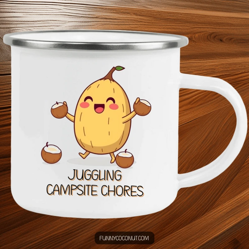 Funny Coconut Juggler Camping Mug: A jubilant coconut character juggles smaller coconuts, perfect for campfire drinks and outdoor fun.