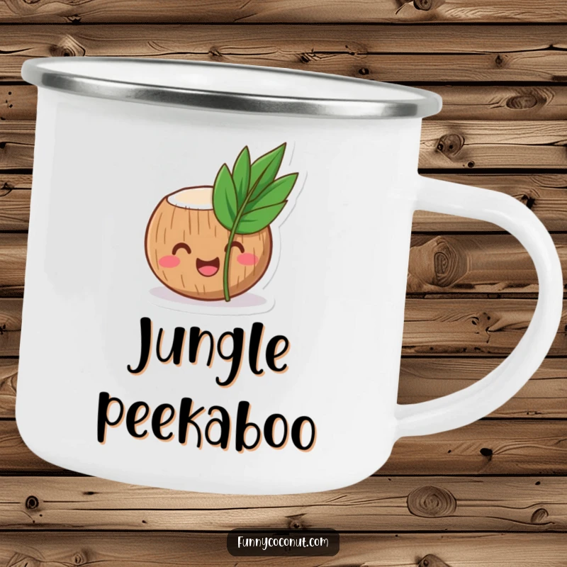 Funny coconut camping mug showing a laughing coconut character peeking out from behind a small, tropical leaf, a cheerful sight.