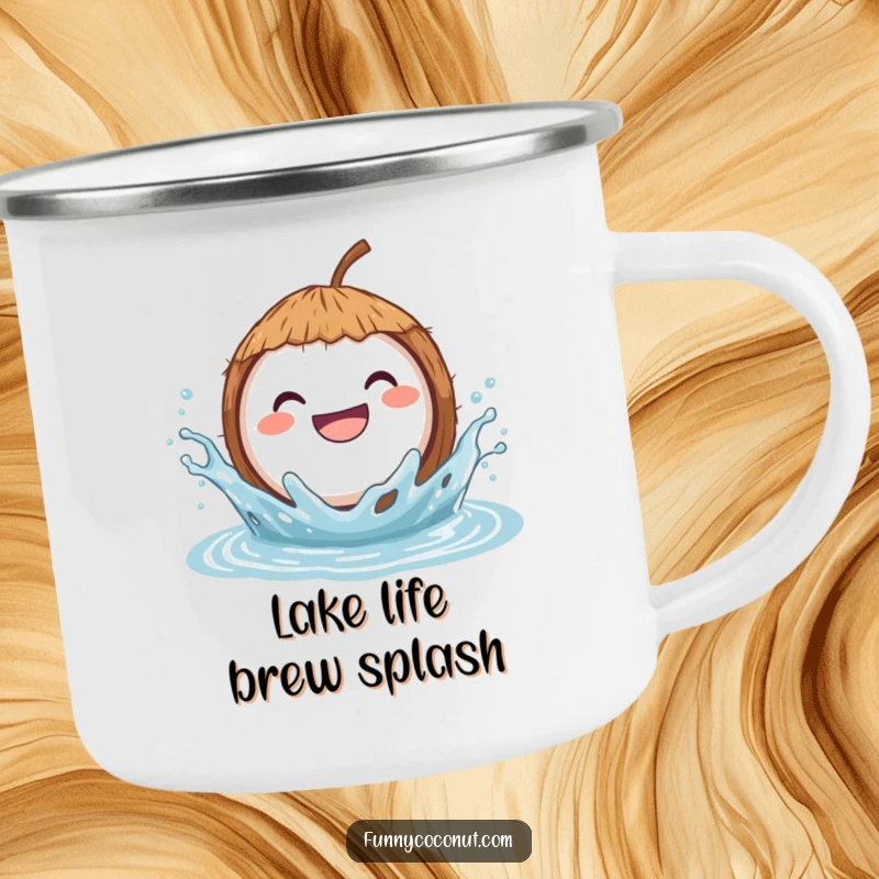 Funny camping mug showcasing a grinning coconut joyfully splashing in water, perfect for enjoying beverages outdoors with a splash of fun.