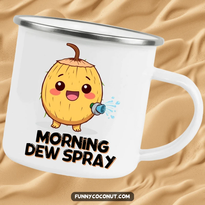 Funny camping mug with a cheerful coconut character joyfully spraying water from a tiny hose, perfect for outdoor fun.