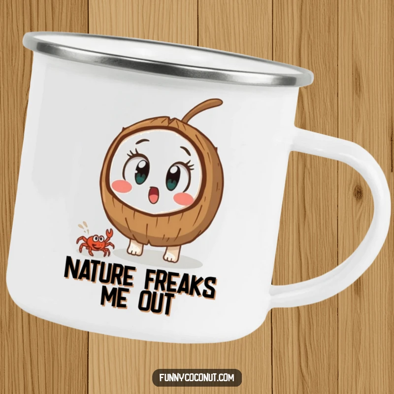 Funny coconut character with wide, startled eyes, observing a tiny crab, a humorous and durable camping mug.