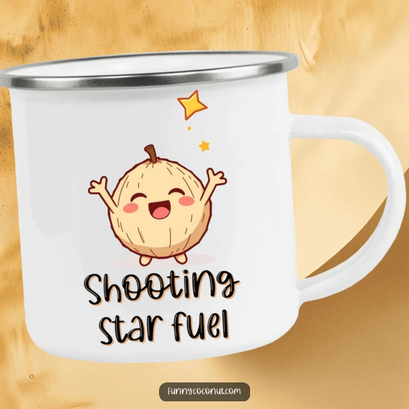 Funny camping mug featuring a delighted coconut with arms outstretched, happily catching a shooting star on a rugged adventure.
