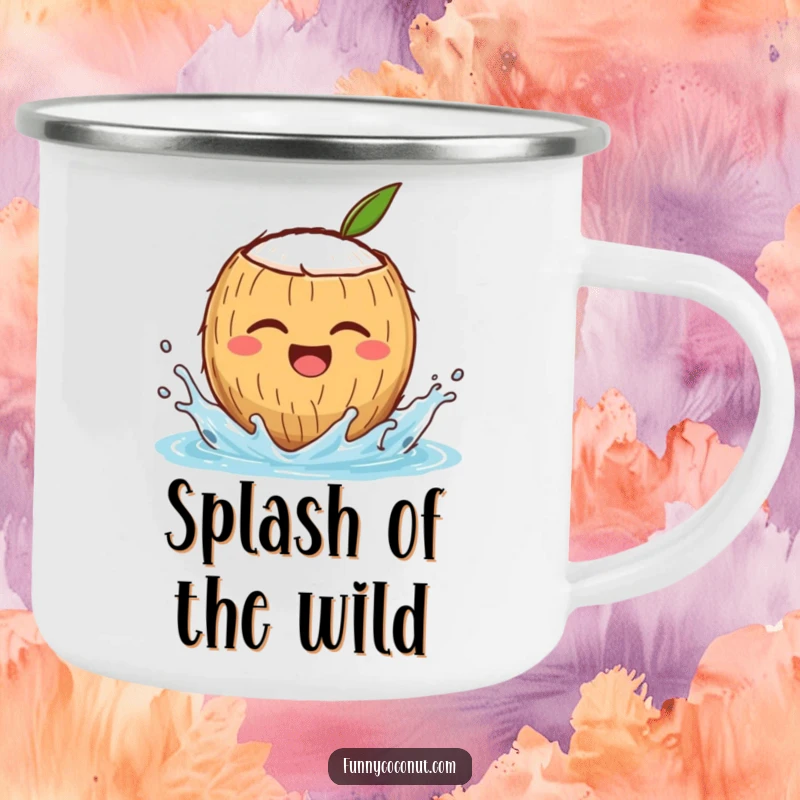 Funny camping mug with a winking coconut character splashing water, perfect for outdoor adventures and as a humorous gift.