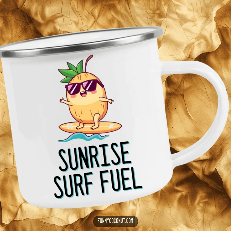 Funny camping mug showing a cool coconut with sunglasses expertly surfing a surfboard, perfect for outdoor coffee or tea.