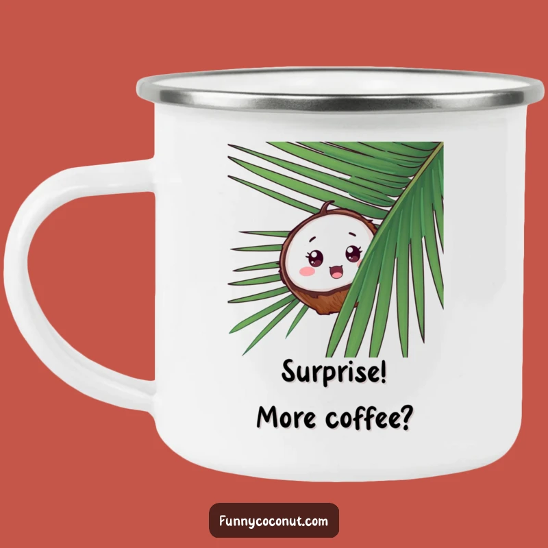 Funny Surprised Coconut Camping Mug, Tropical Adventure Peek, Hilarious Gift