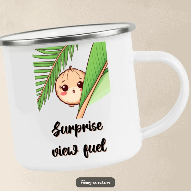 Funny camping mug showcasing a surprised coconut peeking from behind a palm leaf, perfect for enjoying beverages outdoors with a hint of fun.