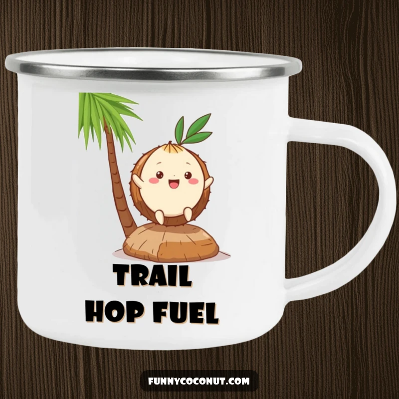 Funny Kawaii Coconut Camping Mug: a cute character hopping on a husk, perfect for outdoor adventures and tropical vibes.
