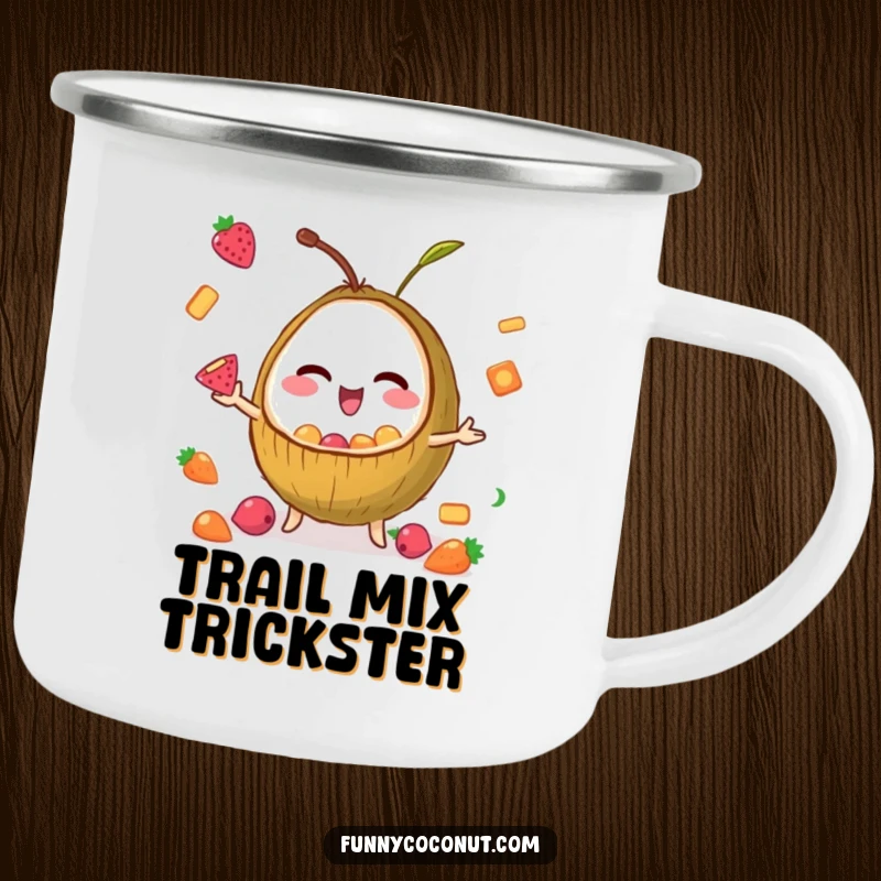 Funny camping mug showcasing a winking coconut juggling small fruit snacks, ideal for enjoying beverages during outdoor activities.